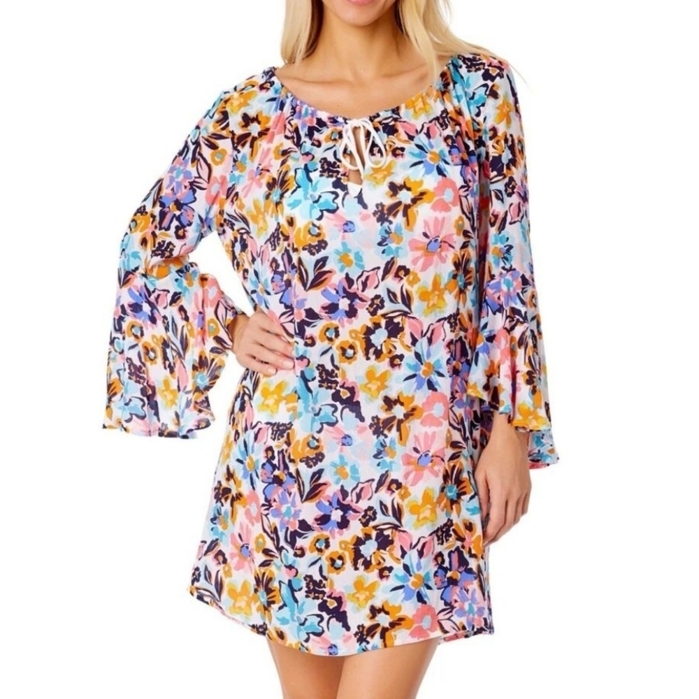Anne Cole V-neck Front Tie Floral Swim Cover-up In Size XS
